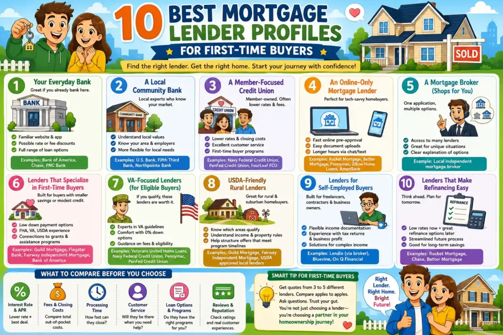 infographic showing best mortgage lenders for first-time buyers in the USA with comparison tips
